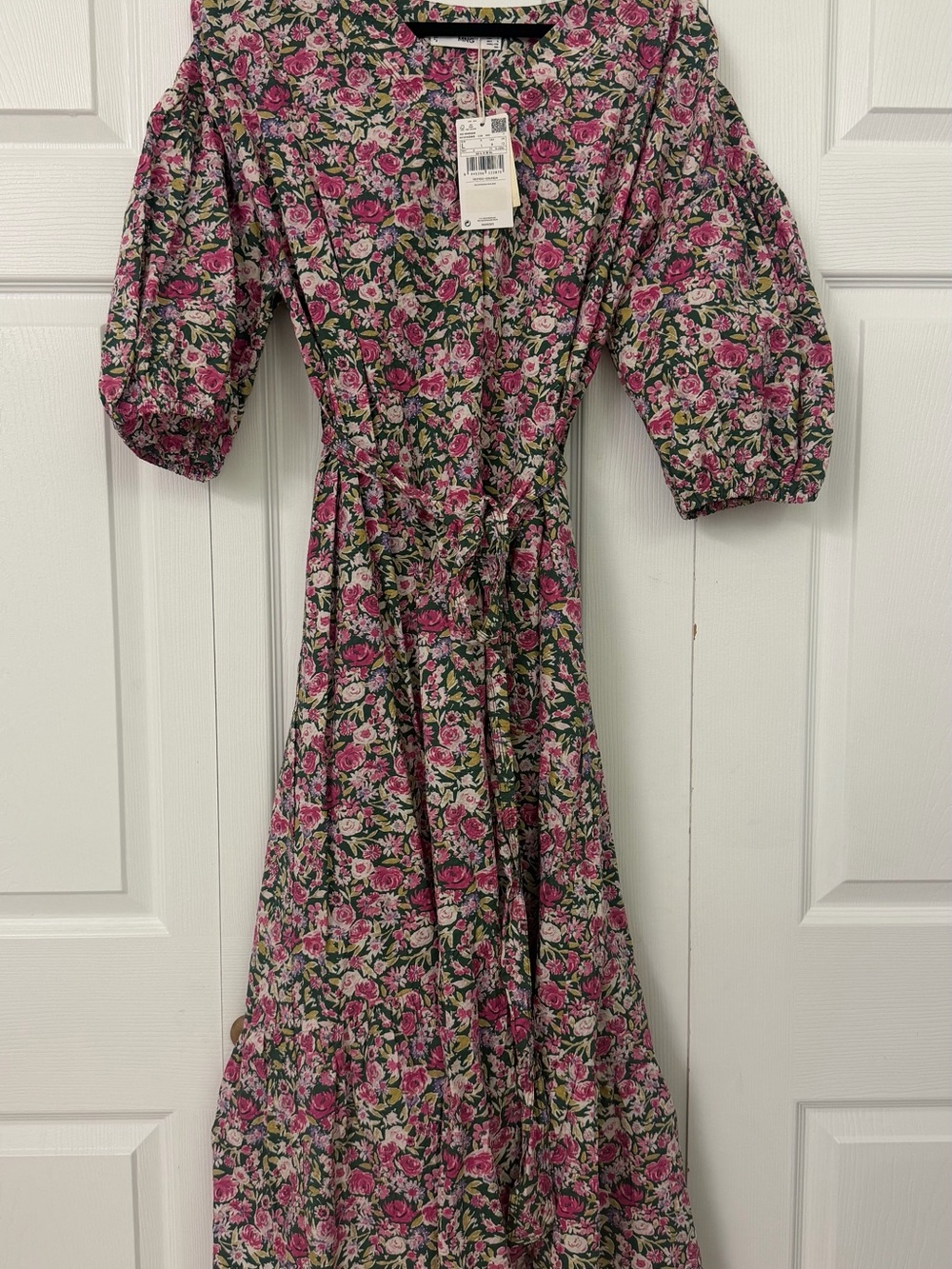 MANGO Floral Puff-Sleeve Midi Dress - Pink Green